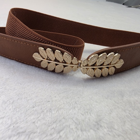 The Unbranded Brand Accessories - Brown Elastic Waist Belt Womens Gold Leaf Buckle Stretch Cincher Belt